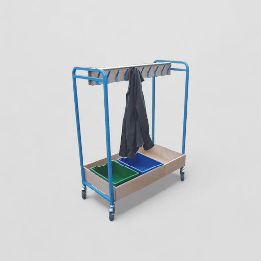 Cloakroom tray trolley single tier hooks