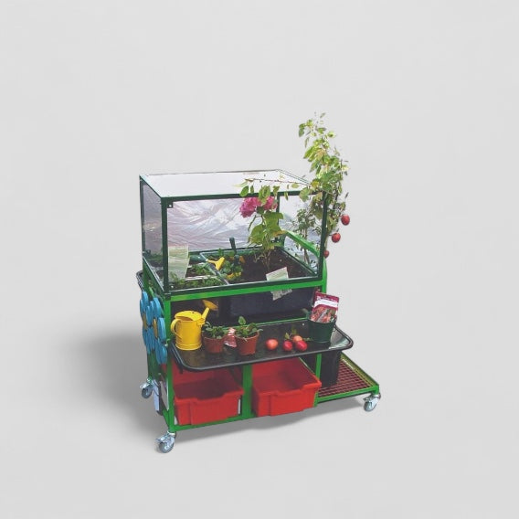 School garden planting trolley with greenhouse cover