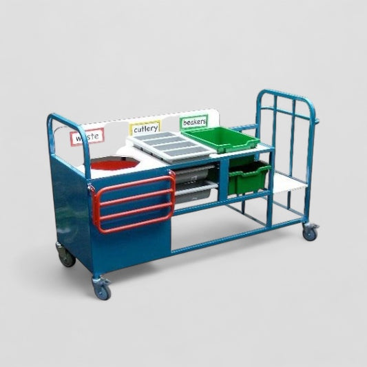 Combi clearing trolley with bin, cutlery trays and rail