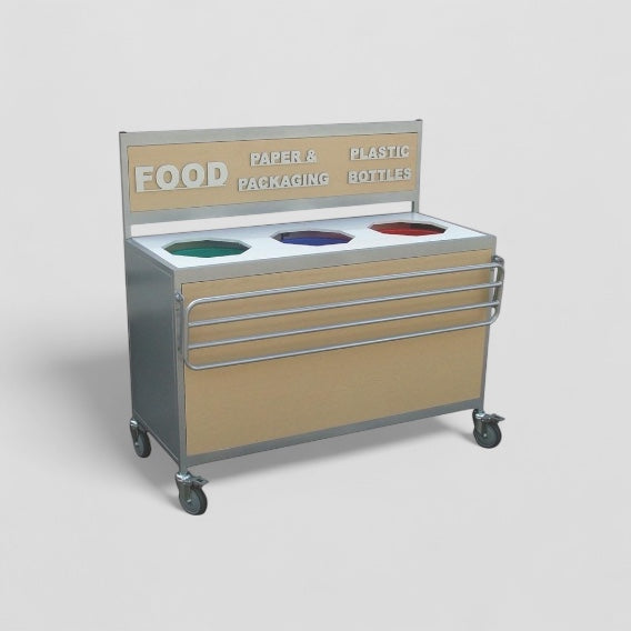 Food waste & recycling clearing trolley with tray runner