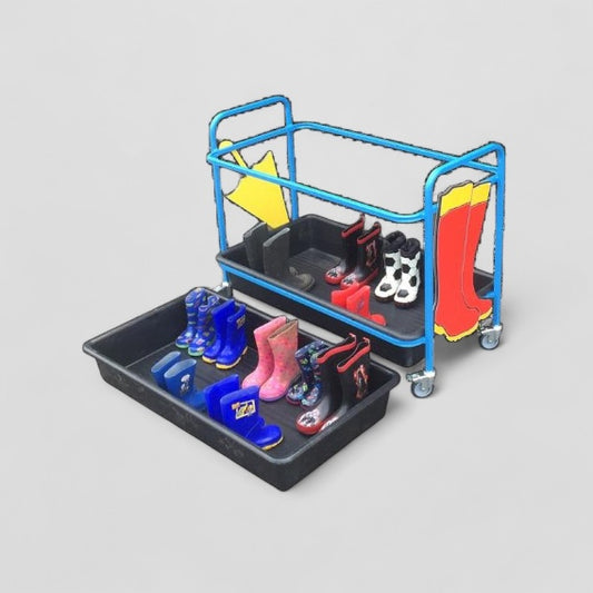 Cloakroom welly trolley with tray
