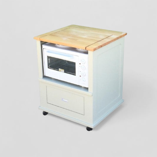 Compact wood panelled cooking trolley with drawer