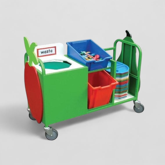 Compact panelled front waste trolley optional tray runner