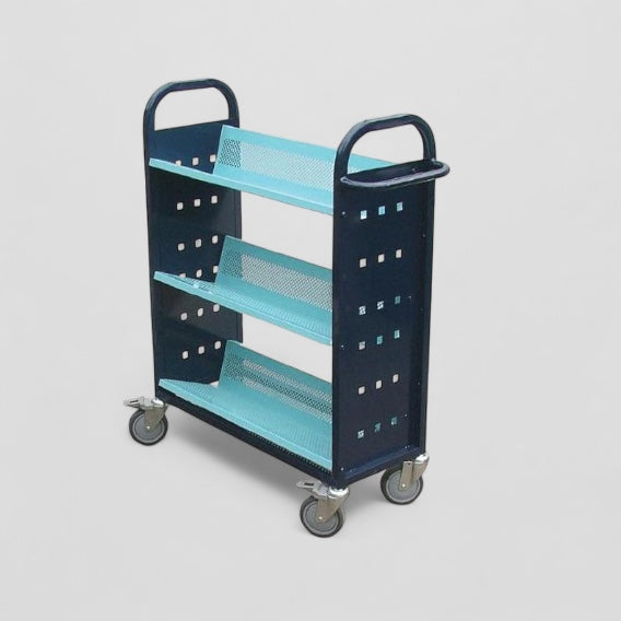 Long single sided 3 shelf aluminium book trolley