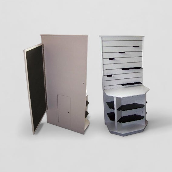 Corner display shelving unit and notice board