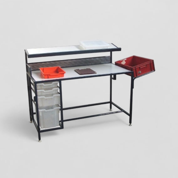 Work bench with pull out plastic drawers