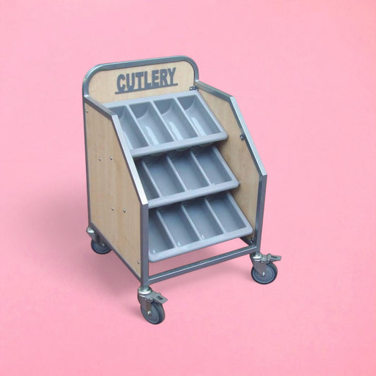 3 tier cutlery trolley with sign