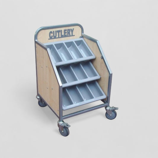 3 tier cutlery trolley with sign