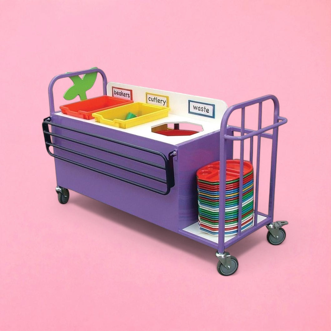 Clearing trolley with panelled front & tray rail