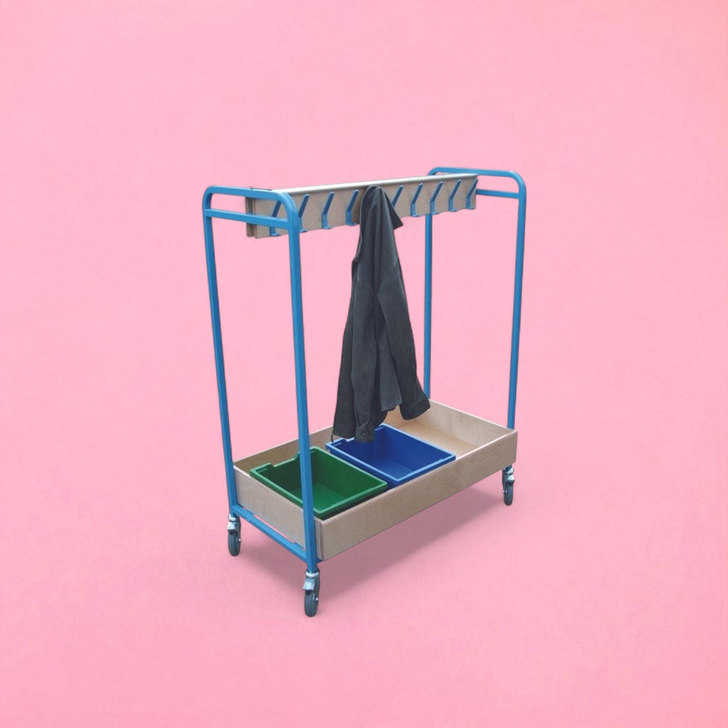 Cloakroom tray trolley single tier hooks
