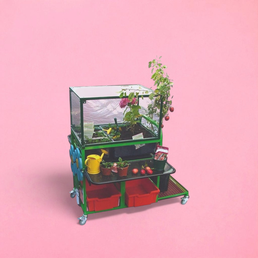 School garden planting trolley with greenhouse cover