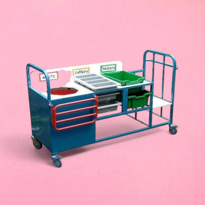 Combi clearing trolley with bin, cutlery trays and rail