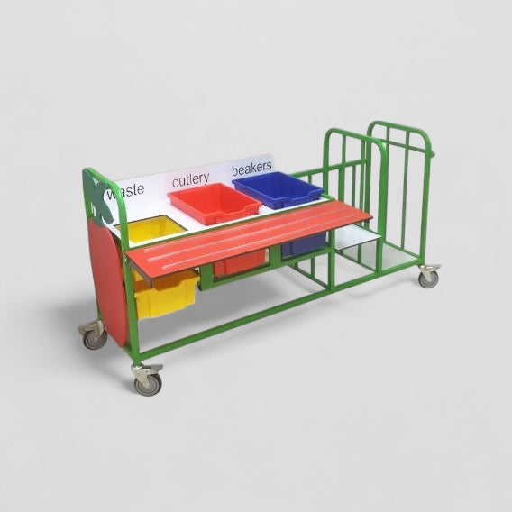 Extended large clearing trolley with aqua smart tray rail