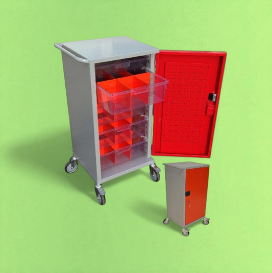 Small meds trolley with interchangeable shelves