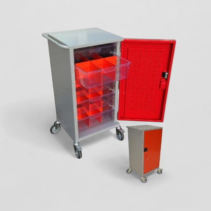 Small meds trolley with interchangeable shelves