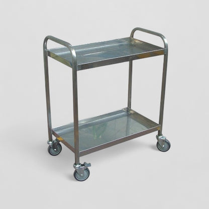 2 tier flat shelf stainless steel trolley with handles