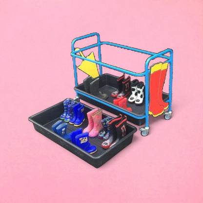 Cloakroom welly trolley with tray