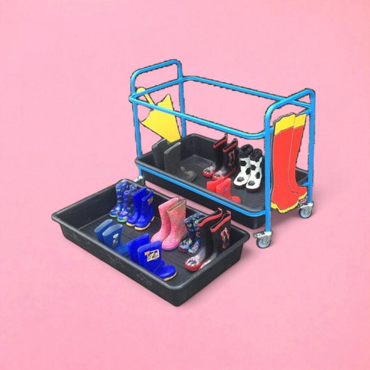 Cloakroom welly trolley with tray