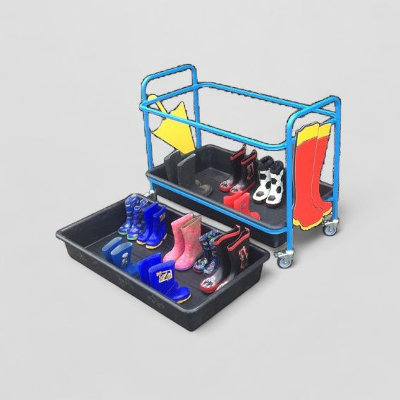 Cloakroom welly trolley with tray