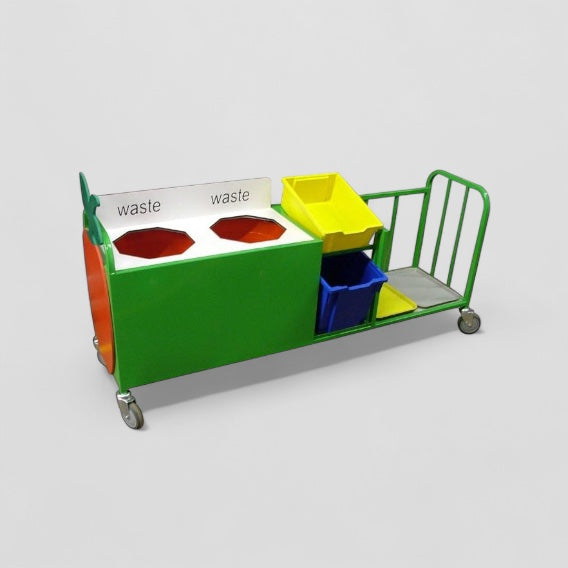 Extended panelled front clearing trolley with tray storage