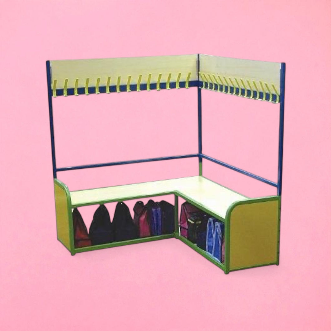 Modular cloakroom corner bench with hooks