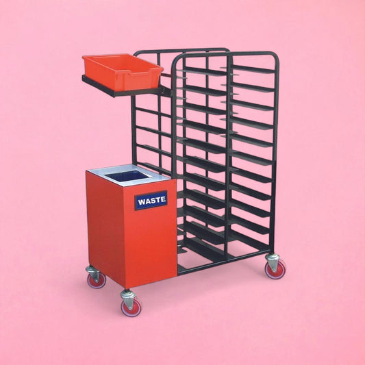 Tray with bin collection trolley