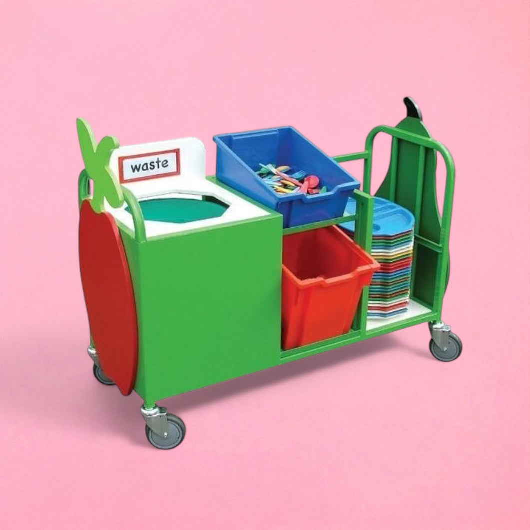 Compact panelled front waste trolley optional tray runner