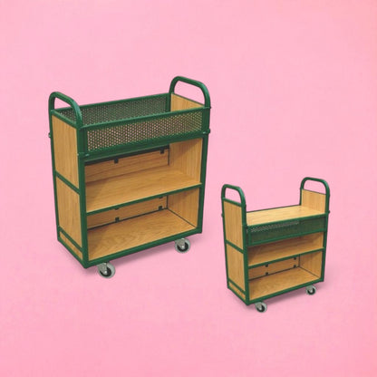 Flip down top shelf trolley