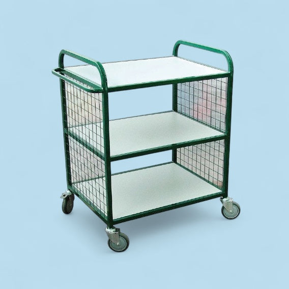 Three flat shelf trolley with mesh ends