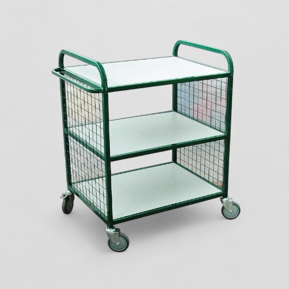 Three flat shelf trolley with mesh ends