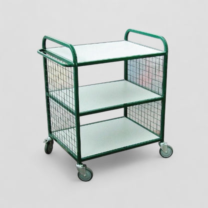 Three flat shelf trolley with mesh ends