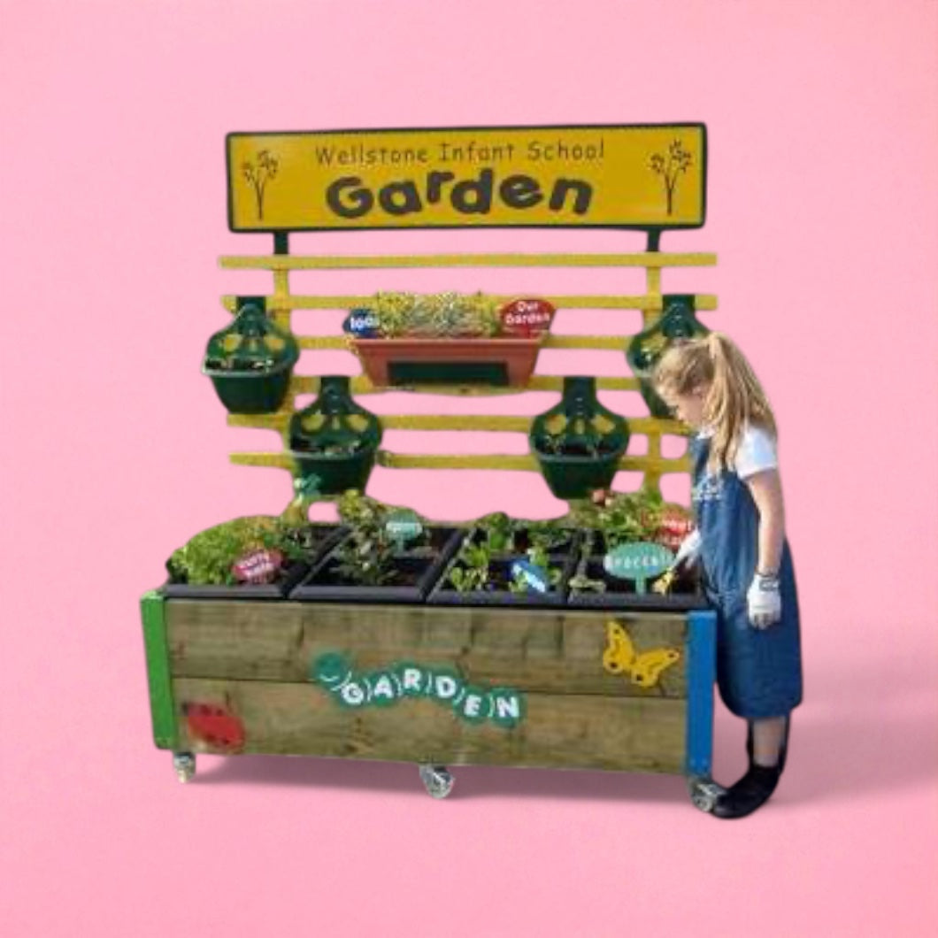 Complete mini garden planter with hanging basket rail & sign