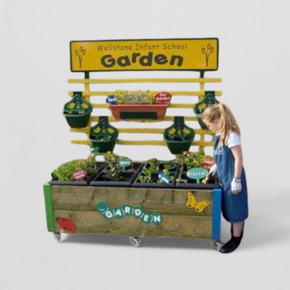 Complete mini garden planter with hanging basket rail & sign