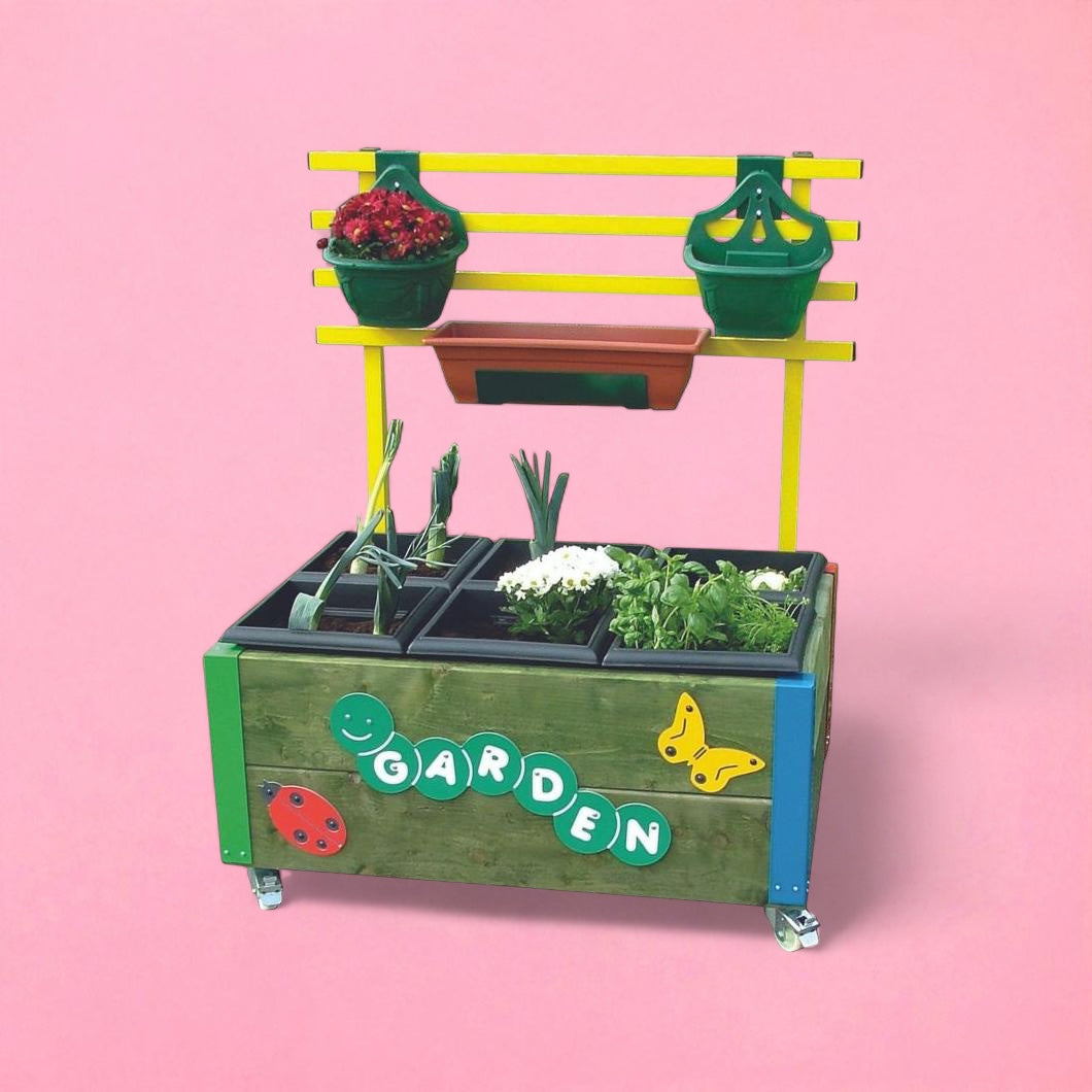 Rectangular 6 planter garden box with hanging rail and castors