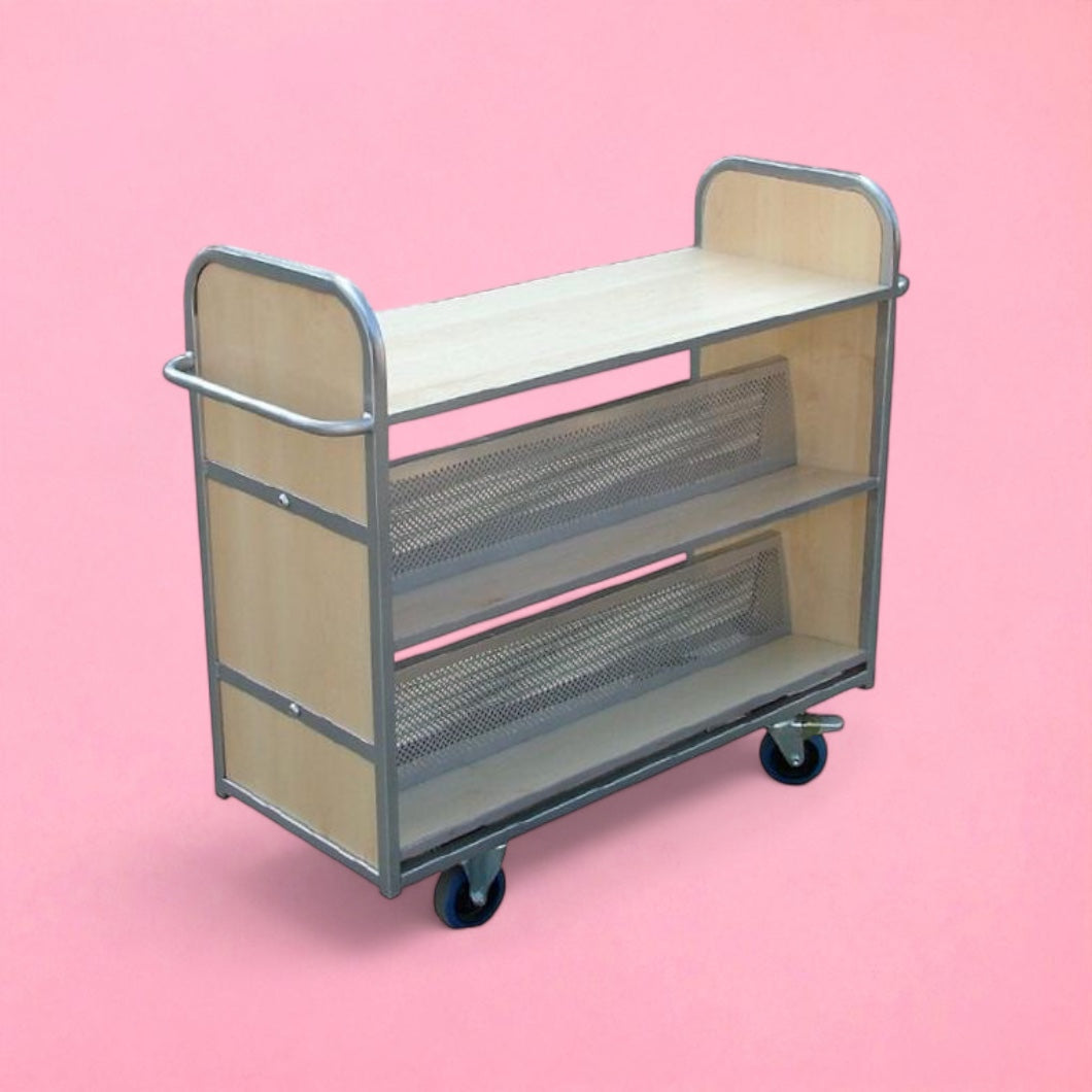 Flat top wooden book trolley