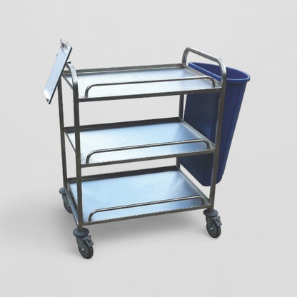 3 tier flat shelf stainless steel trolley with bin