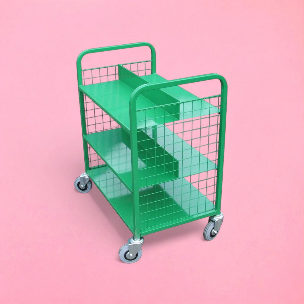 3 flat shelf mesh trolley with solid divider