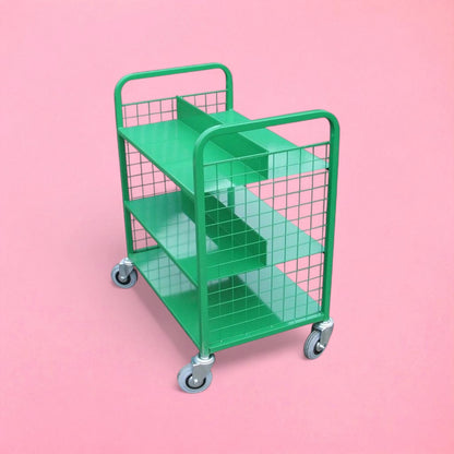 3 flat shelf mesh trolley with solid divider