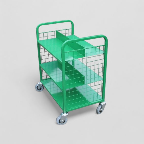 3 flat shelf mesh trolley with solid divider