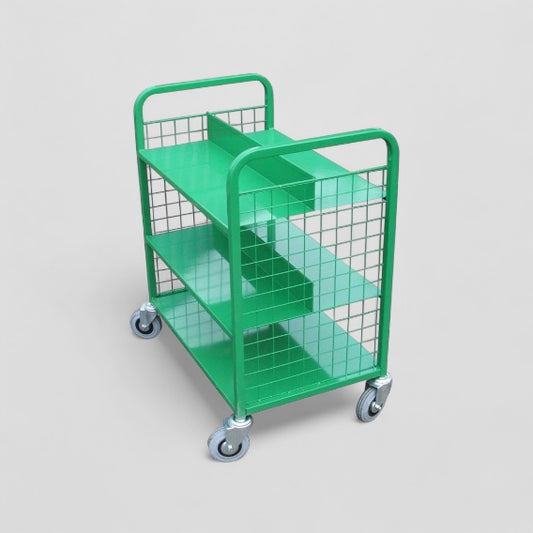 3 flat shelf mesh trolley with solid divider
