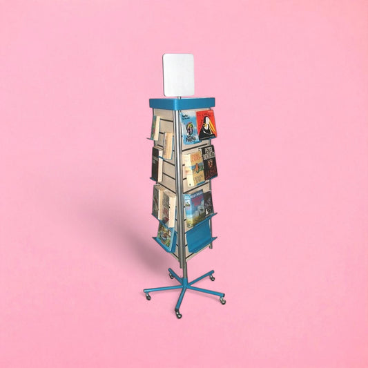 Triangular book display unit base with wheels