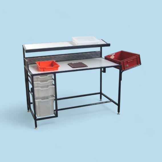 Work bench with pull out plastic drawers