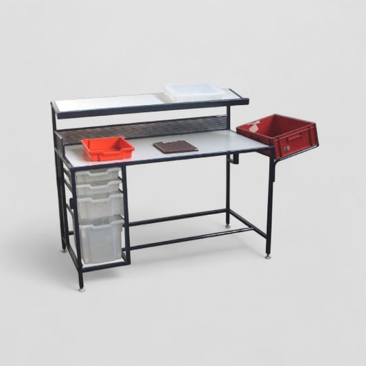 Work bench with pull out plastic drawers